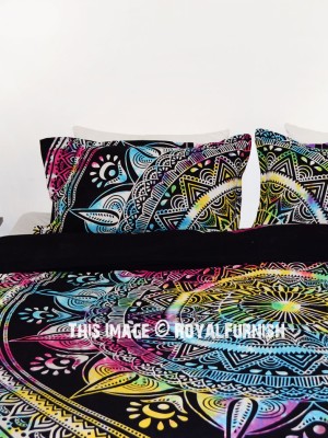 Black Multi Tie Dye Hippie Mandala Duvet Covers with Set of Two Pillow Shams