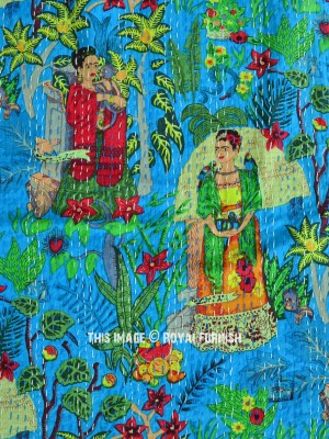 Colorful Bohemian Frida Kahlo Print Kantha Quilt Cotton Handmade Twin Bedding Throw