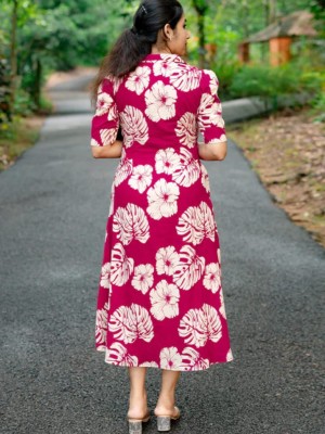 Pink Floral Printed Daily Wear Frock Half Sleeves Flared Cotton Midi Collared Kurti Gown Dress For Women 
