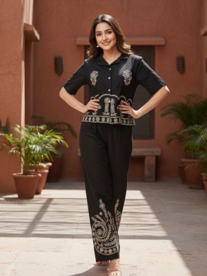 Black Embroidered Cotton Short Kurti Palazzo with Pocket Co Ord Set for Women (Set of 2)
