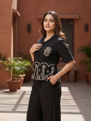 Black Embroidered Cotton Short Kurti Palazzo with Pocket Co Ord Set for Women (Set of 2)