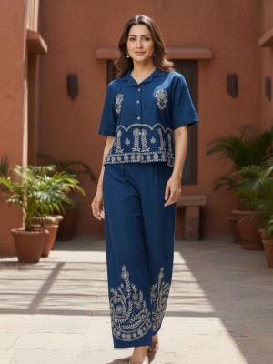Blue Embroidered Cotton Short Kurti Palazzo with Pocket Co Ord Set for Women (Set of 2)