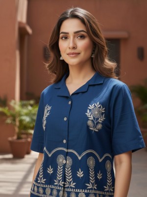 Blue Embroidered Cotton Short Kurti Palazzo with Pocket Co Ord Set for Women (Set of 2)