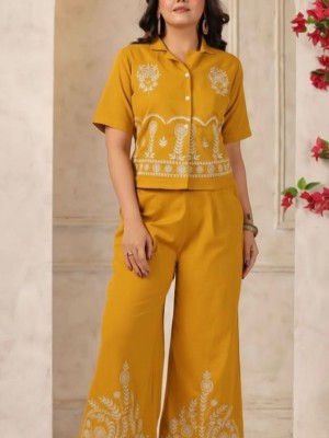 Yellow Embroidered Cotton Short Kurti Palazzo with Pocket Co Ord Set for Women (Set of 2)