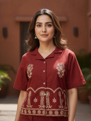 Red Embroidered Cotton Short Kurti Palazzo with Pocket Co Ord Set for Women (Set of 2)