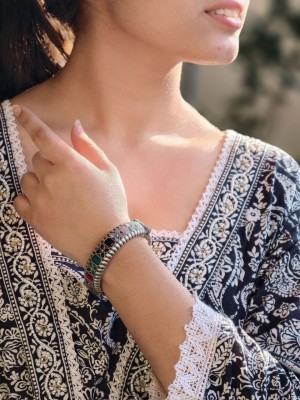 Traditional Openable Kada Bracelet Designer Boho Silver Oxidized Stone Work Bangle 