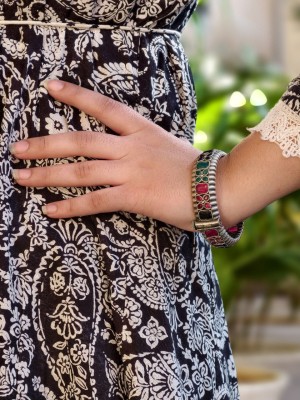 Traditional Openable Kada Bracelet Designer Boho Silver Oxidized Stone Work Bangle 