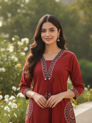 Red Cotton Aline Kurti Pant Co Ord Set Indian V-Neck Salwar Kameez with Pockets