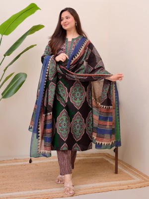 Black Sakshi Motifs Print Regular Thread Work Pure Cotton Kurta with Trousers & With Dupatta Indian Straight Salwar Kameez for Women