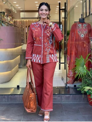 Red Trupti Floral Embroidered Co Ord Set Kurti Pant Pakistani Readymade Cotton Dress for Women