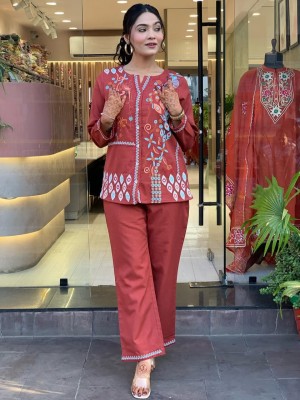 Red Trupti Floral Embroidered Co Ord Set Kurti Pant Pakistani Readymade Cotton Dress for Women