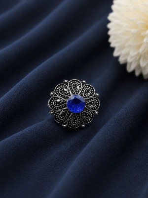Indian Handcrafted Silver Oxidized Round Stonework Adjustable Free Size Brass Finger Ring for Girls