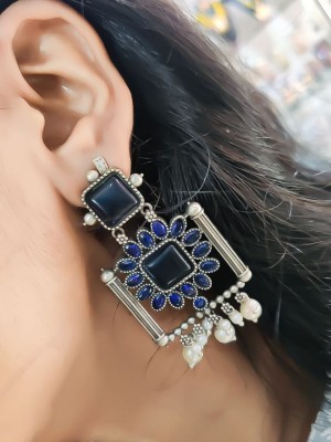 Antique Indian Ethnic Monalisa Stone Dangler Earring Silver Oxidised Pearl Beads Drop Pakistani Earring Set