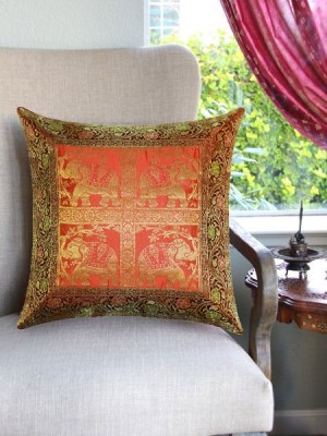 16" Traditional Indian Silk Brocade Elephant Decorative Square Cushion Cover Throw Pillow Case