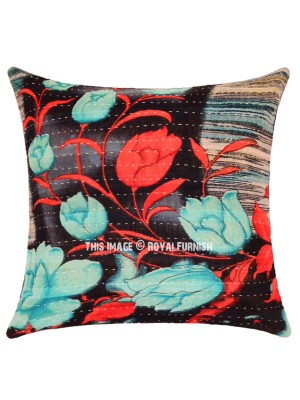 16" Vintage Black Multicolored Bohemian Handmade Kantha Decorative Throw Pillow Case Cushion Cover