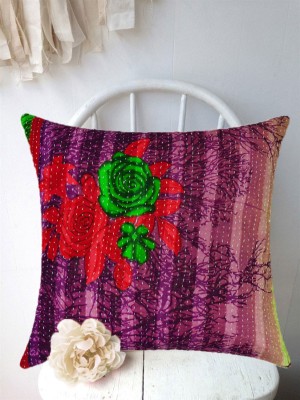 20" Vintage Handmade Kantha Cushion Cover Colorful Bohemian Floral Decorative Throw Pillow Case