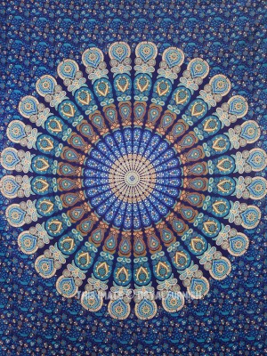 Blue Indian Peacock Feather Mandala Plum & Bow Medallion Tapestry Wall Hanging Boho Wall Tapestry
