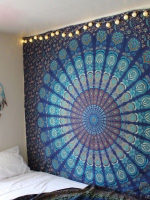 Blue Indian Boho Peacock Mandala Wall Hanging Plum & Bow Medallion Wall Tapestry