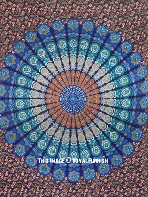 Blue Indian Boho Peacock Mandala Wall Hanging Plum & Bow Medallion Wall Tapestry