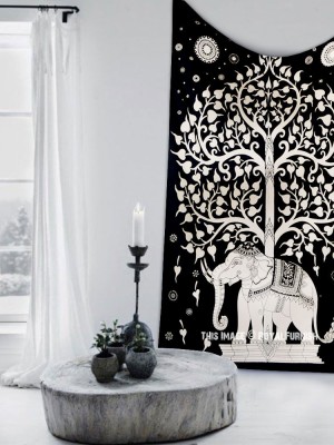 Black Multi Asian Royal Elephant Under Tree of Life Wall Tapestry Throw Bohemian Wall Hanging