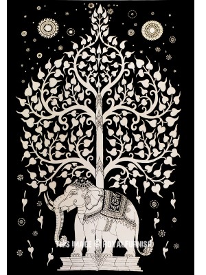 Black Multi Asian Royal Elephant Under Tree of Life Wall Tapestry Throw Bohemian Wall Hanging
