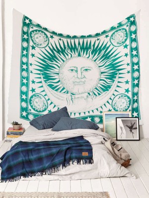 Good Morning Sun & Moon with Stars Wall Tapestry Hippie Wall Hanging Large Queen Cotton Boho Tapestry