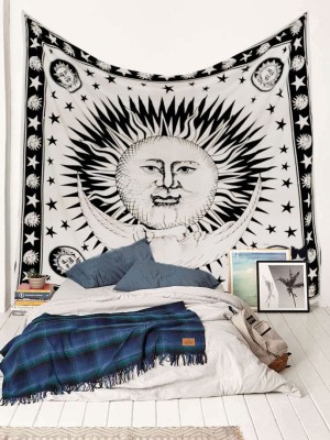 Good Morning Sun & Moon with Stars Wall Tapestry Hippie Wall Hanging Large Cotton Boho Tapestry