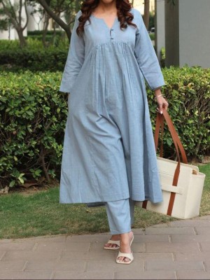 Blue Beautiful Cotton Slub Pleated A-Line Cotton Kurti Pant Co Ord Set for Women (Set of 2)