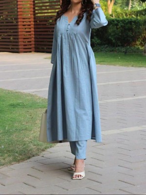 Blue Beautiful Cotton Slub Pleated A-Line Cotton Kurti Pant Co Ord Set for Women (Set of 2)