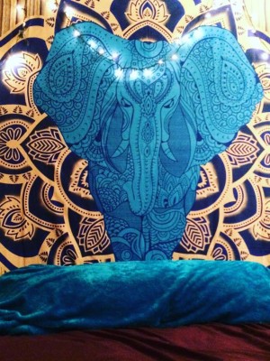 Blue Multi Colorful Hand Brush Painted Royal Asian Elephant Hippie Tapestry Wall Hanging