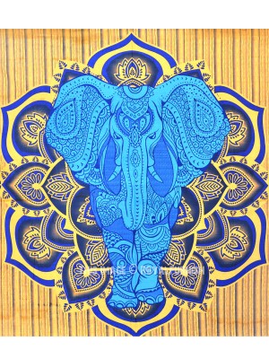 Blue Multi Colorful Hand Brush Painted Royal Asian Elephant Hippie Tapestry Wall Hanging