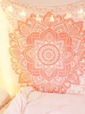 White & Pink Sparkly Golden Ombre Mandala Bohemian Wall Tapestry Queen Size Wall Hanging