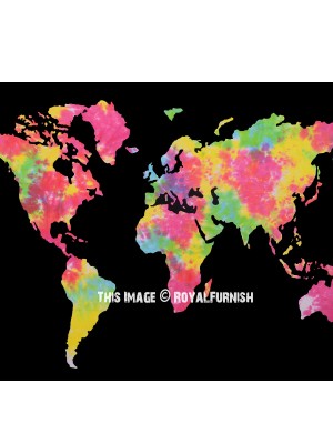 Small Black Multi World Map Wall Tapestry Tie Dye Hippie Atlas Wall Hanging