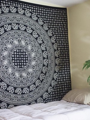 Large Bohemian Black & White Elephant Mandala Tapestry Cotton Fabric Bedspread Wall Tapestry