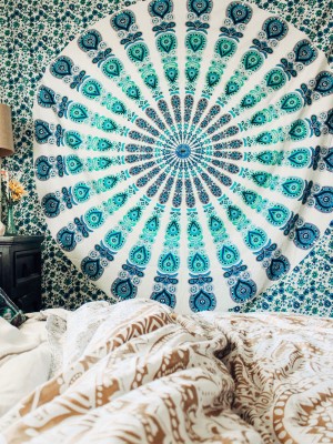 White Multi Indian Peacock Feather Mandala Dorm & Bedroom Bohemian Tapestry Wall Hanging