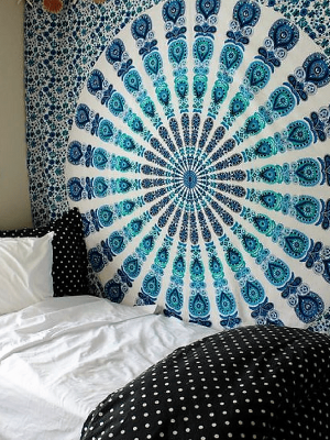 White Multi Indian Peacock Feather Mandala Dorm & Bedroom Bohemian Tapestry Wall Hanging