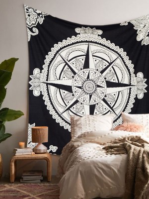 Black Multi Compass Print Hippie Tapestry Mandala Wall Hanging Large Cotton Fabric Bedspread 