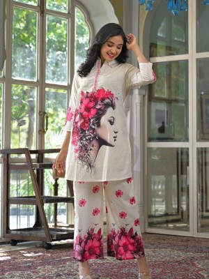 Beige Digital Printed Co Ord Set Kurti Pant Readymade Embroidery Cotton Set for Women