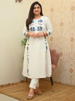 Mahi Off White Embroidery Indian Salwar Kameez Kurti Top Pant Co Ord Set - Set of 2