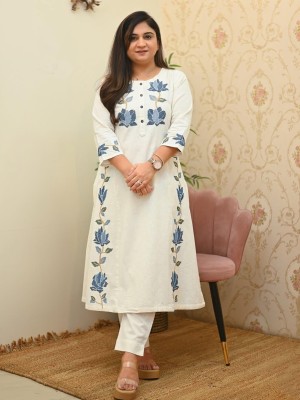 Mahi Off White Embroidery Indian Salwar Kameez Kurti Top Pant Co Ord Set - Set of 2