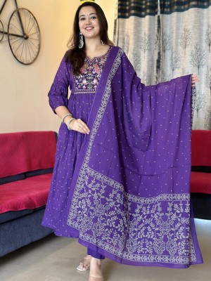 Blue Embroidered Printed Cotton Anarkali Kurti Pant Dupatta Set Readymade Salwar Kameez for Women