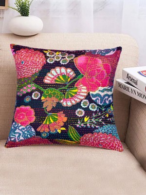 Boho Tropical Handmade Kantha Decorative Throw Pillow Case Multi Floral Square Cushion Cover 16x16