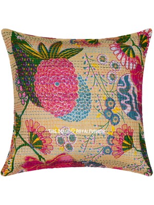 Boho Tropical Handmade Kantha Decorative Throw Pillow Case Multi Floral Square Cushion Cover 16x16