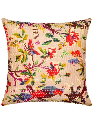 16" Multi Colored Bohemian Bird Paradise Indian Hand Stitched Kantha Accent Square Throw Pillow Cover