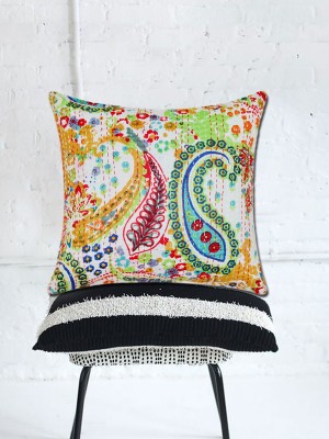 16" Beautiful Multi Bohochic Paisley Kantha Handcrafted Cotton Decorative Square Throw Pillow Case