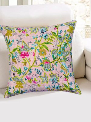 Traditional Indian Floral Paradise Hand Stitched Kantha Quilted Cotton Decorative Throw Pillow Cover 16x16