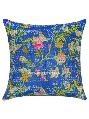 Traditional Indian Floral Paradise Hand Stitched Kantha Quilted Cotton Decorative Throw Pillow Cover 16x16