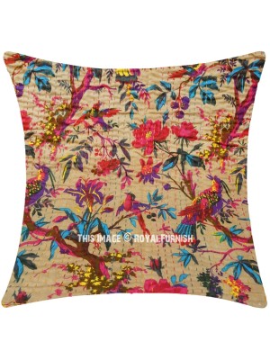 24x24 Bohemian Square Throw Pillow Multi Birds Floral Paradise Indian Kantha Decorative Cushion Cover