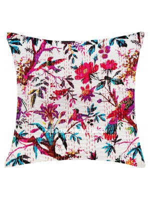 24x24 Bohemian Square Throw Pillow Multi Birds Floral Paradise Indian Kantha Decorative Cushion Cover