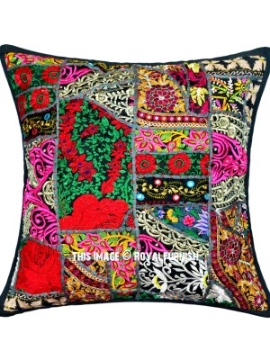 20" Unique Vintage Fabric Patchwork Boho Multi Embroidered Accent Cotton Square Throw Pillow Cover
